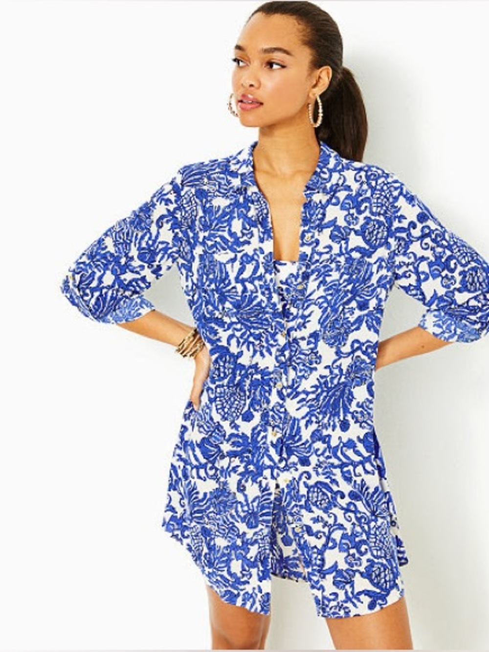 Womens Lilly Pulitzer Blue & White Floral Beach Shirtdress Coverup Dress- Large